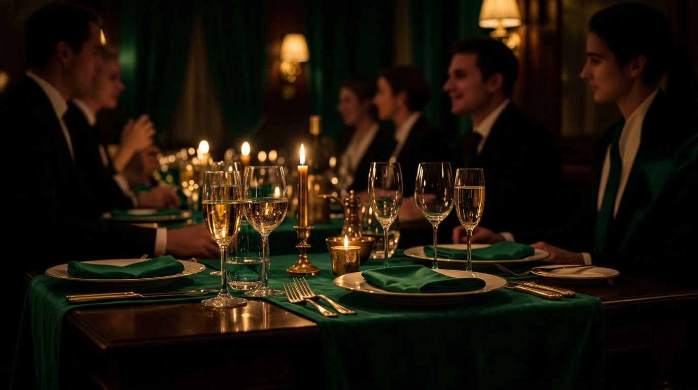 Jantar elegante com taças e velas em ambiente sofisticado