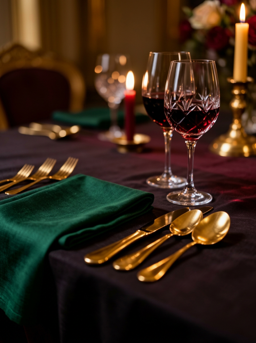 Detalhe de mesa posta com taças e talheres dourados